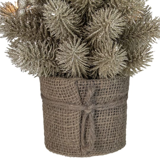 10.25" Pre-Lit Metallic Glitter Artificial Potted Christmas Tree with Burlap Base, Clear LED Lights